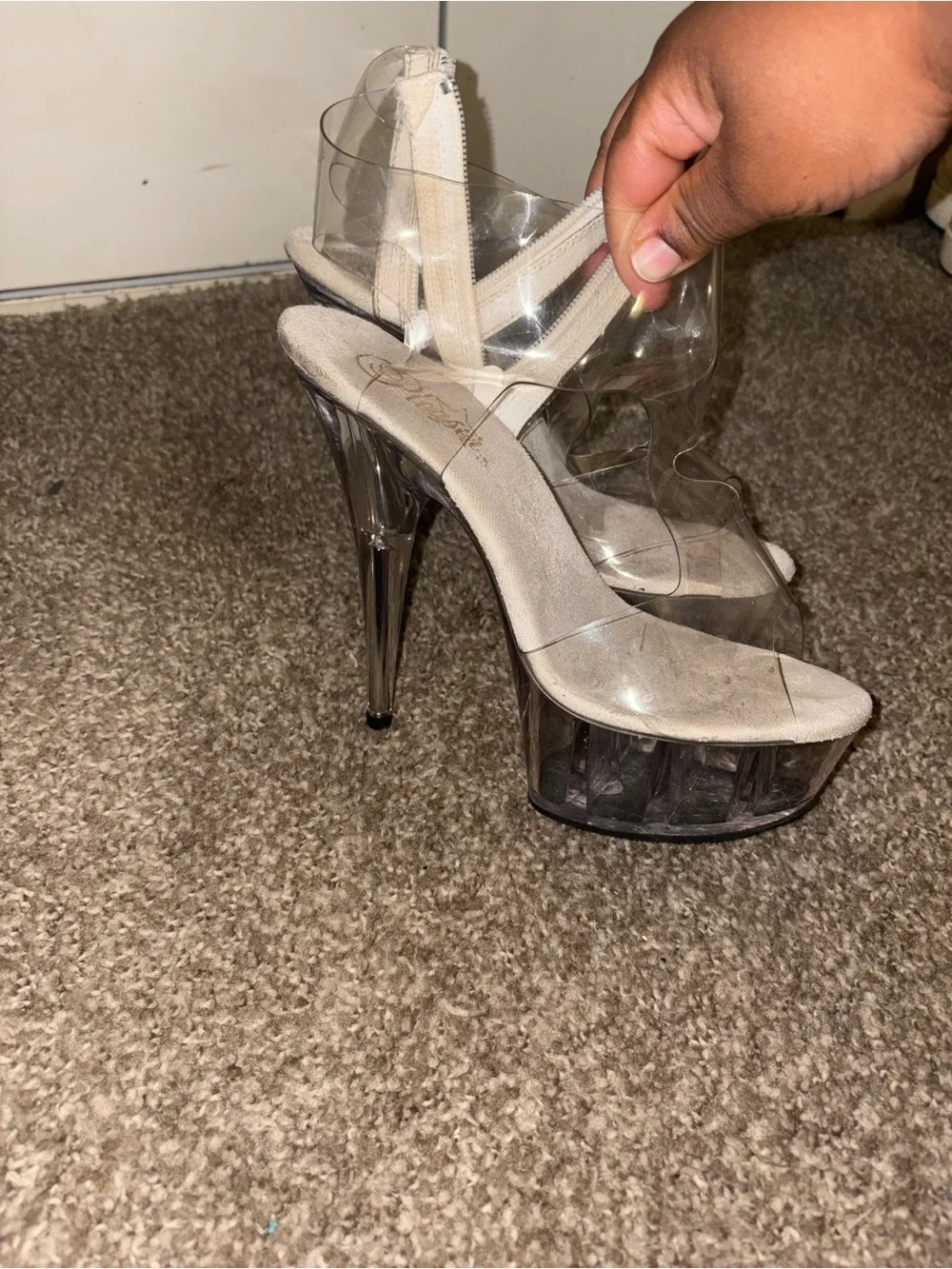 Pleaser Clear Platform Stiletto Sandals with Beige Insole